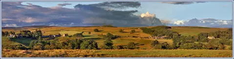 NY7987 : Panorama showing Burnbank, Greenhaugh, Greenhaugh hall
