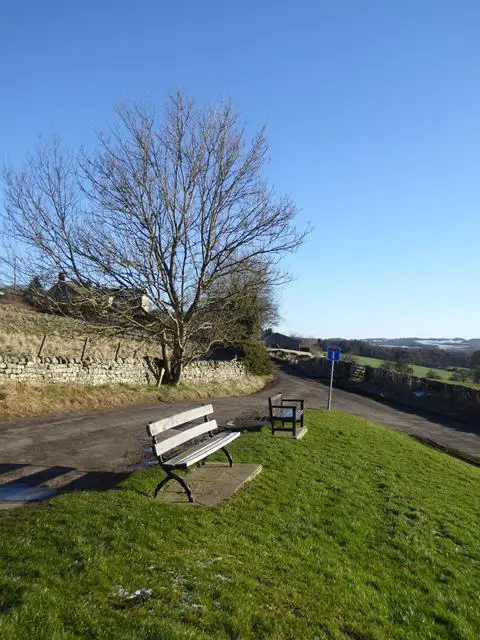 Two wooden benches on Anick village green, beside a bare tree, stone walls and a country lane.
